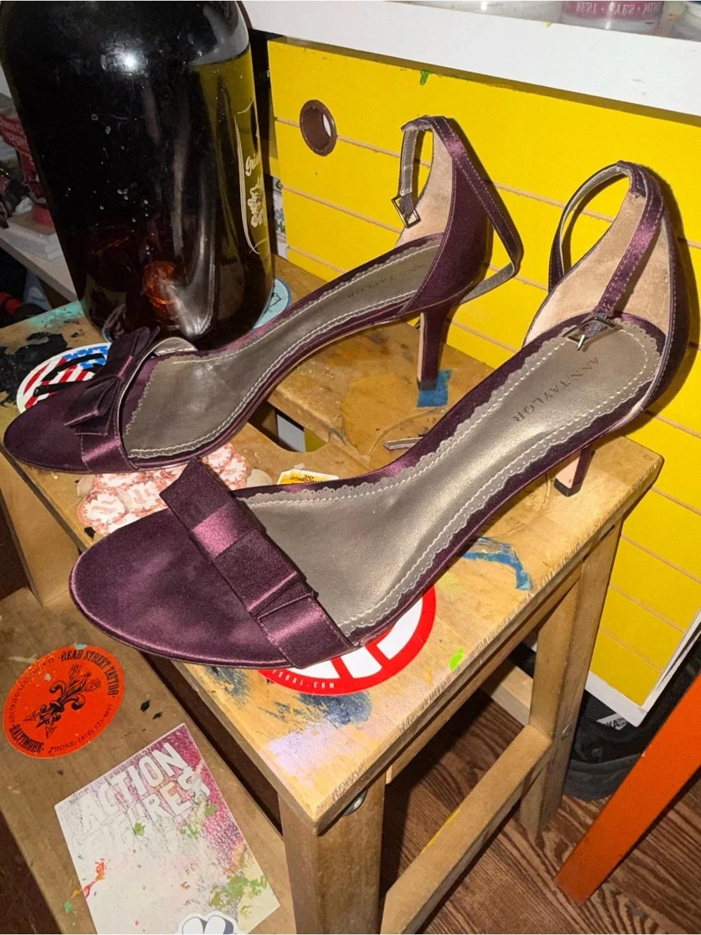 Ann Taylor Satin Bow Ankle-Strap Heels in Plum